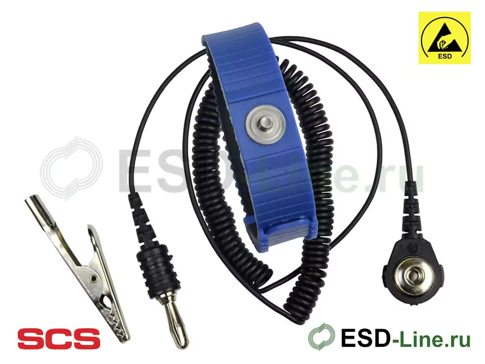 SCS 4650, Антистатический браслет термопластичный и витой провод (синий/черный, штекер 4 мм)